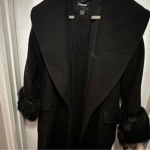 FAUX FUR CUFF SHAWL LAPEL WRAP COAT from EXPRESS. Black.